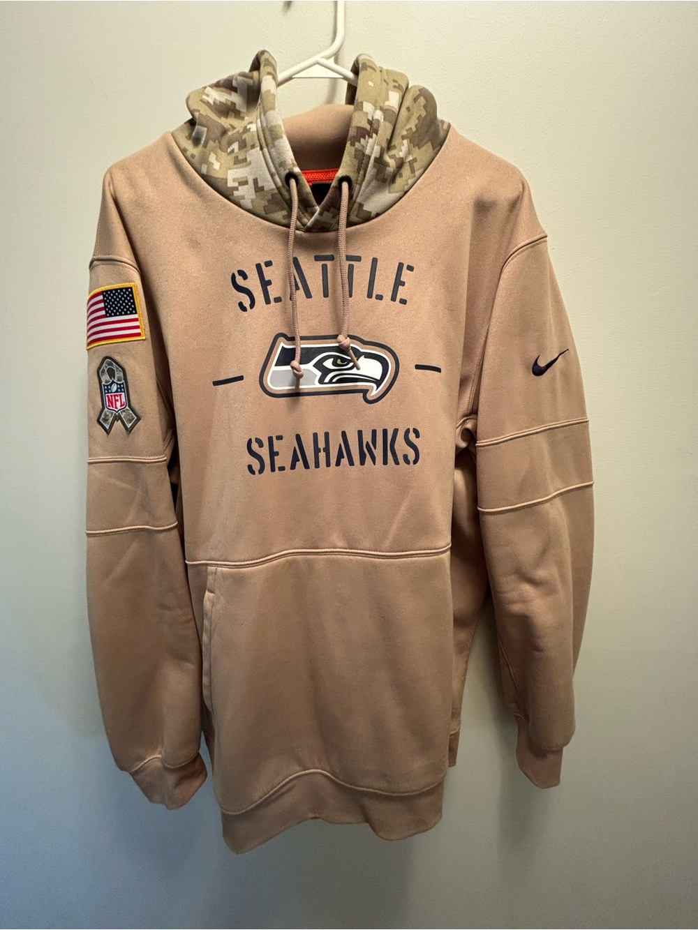NFL Seattle Seahawks Tan Crewneck Pullover Hoodie with Camo Hood